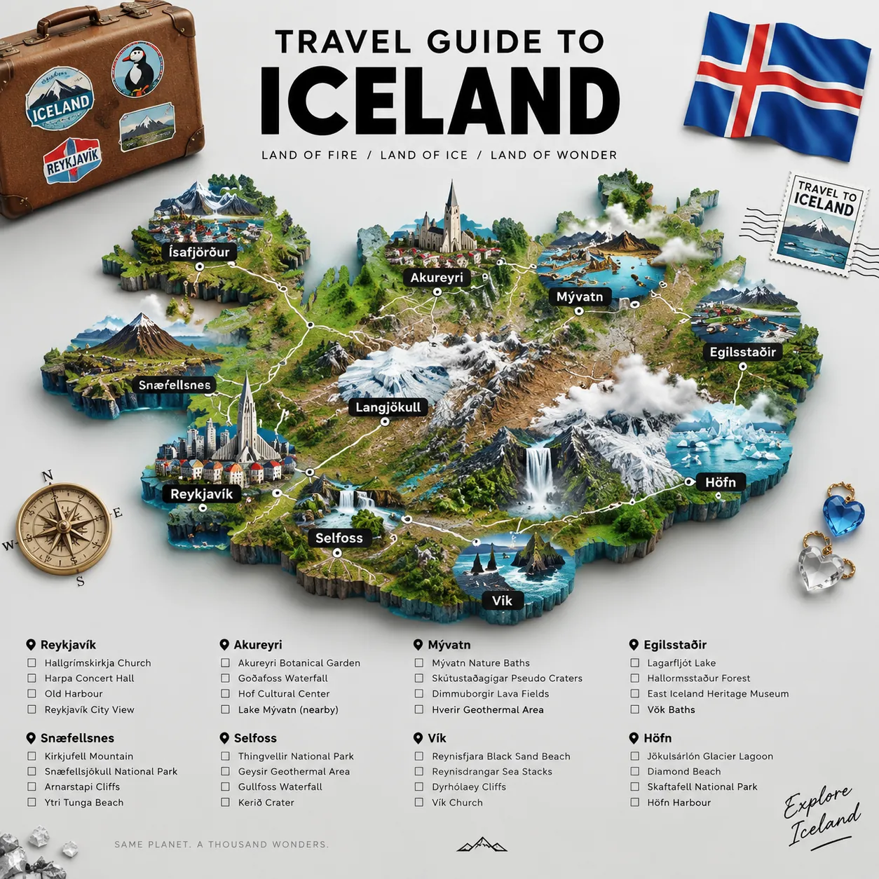 3D travel guide poster of Iceland: raised terrain map with miniature landmarks, labelled towns, attraction checklists, Icelandic flag and vintage suitcase