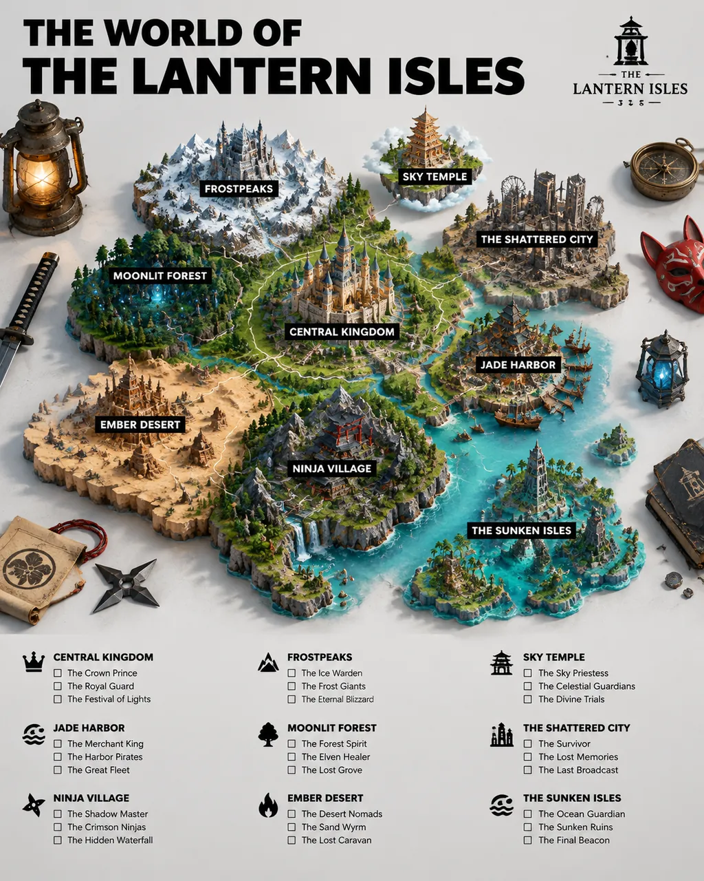 3D fantasy map poster titled The World of The Lantern Isles: raised islands with miniature castles, temples and desert, labelled regions and checklists