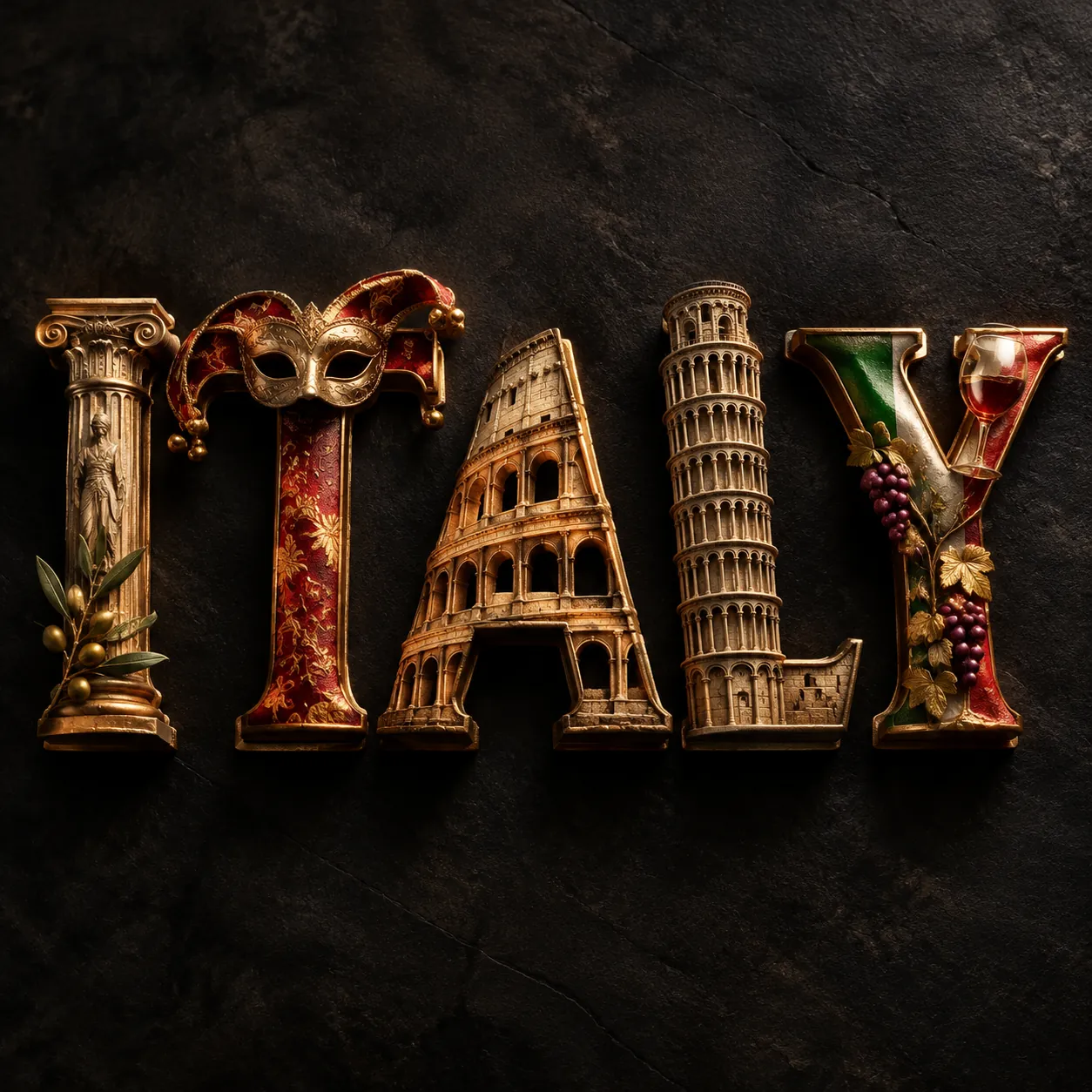 3D bronze and gold lettering spelling ITALY with letters shaped like a column, carnival mask, Colosseum, Leaning Tower and grapevines on dark stone