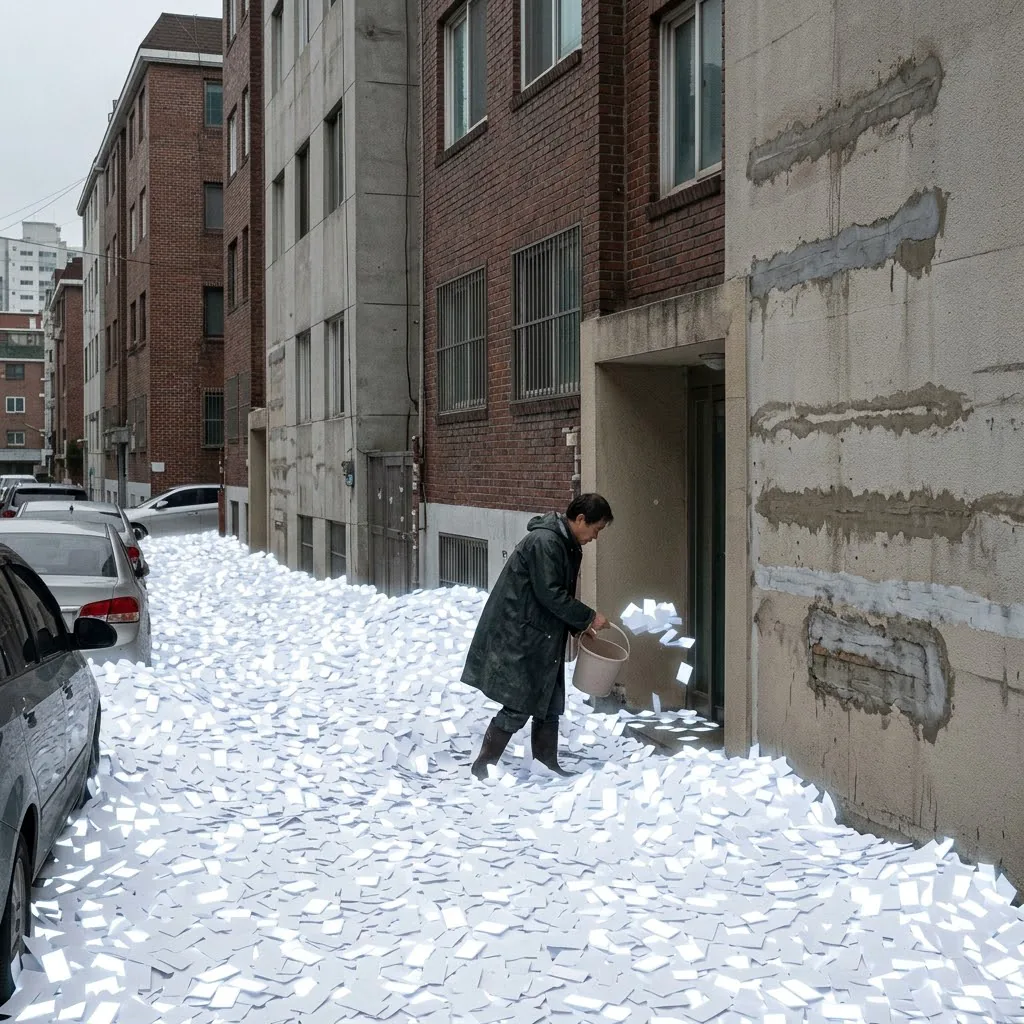 City street buried knee-deep in white paper slips as a man in a dark coat wades through, scooping them by a doorway