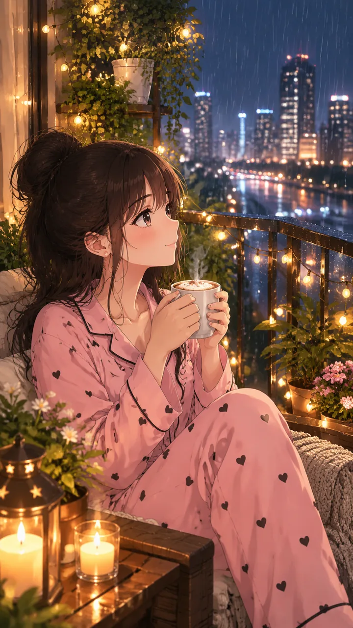 動漫雨夜陽臺咖啡關鍵幀