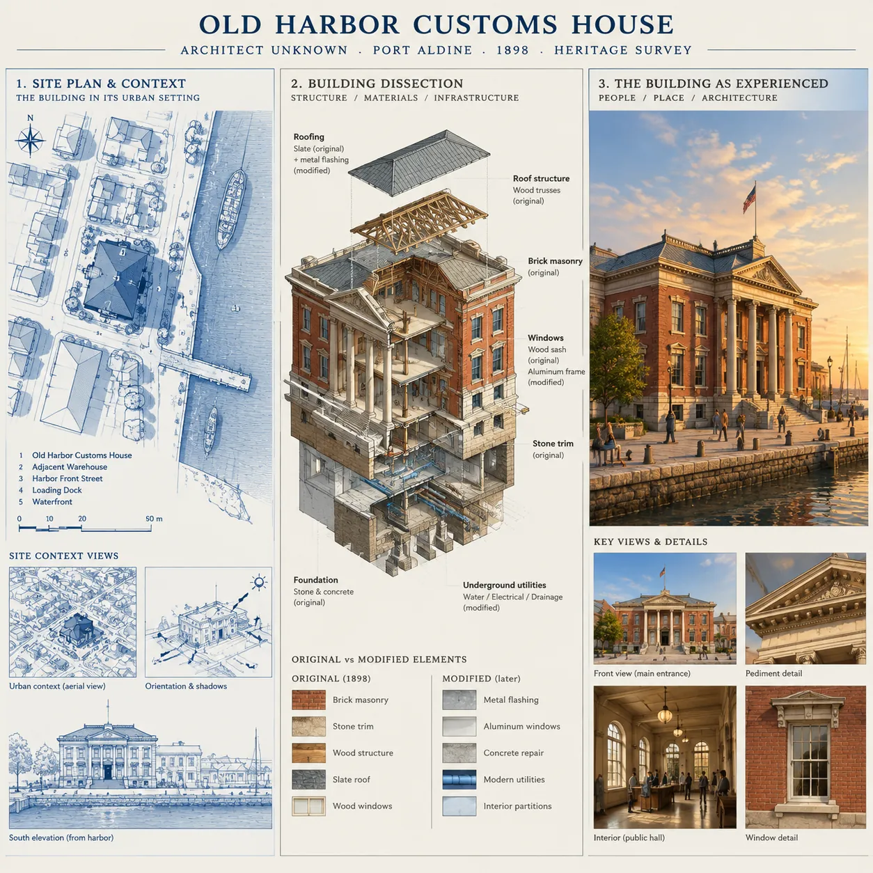 Heritage survey board for the Old Harbor Customs House with a blue site plan, a cutaway axonometric with callouts, and a golden-hour photo of the brick building