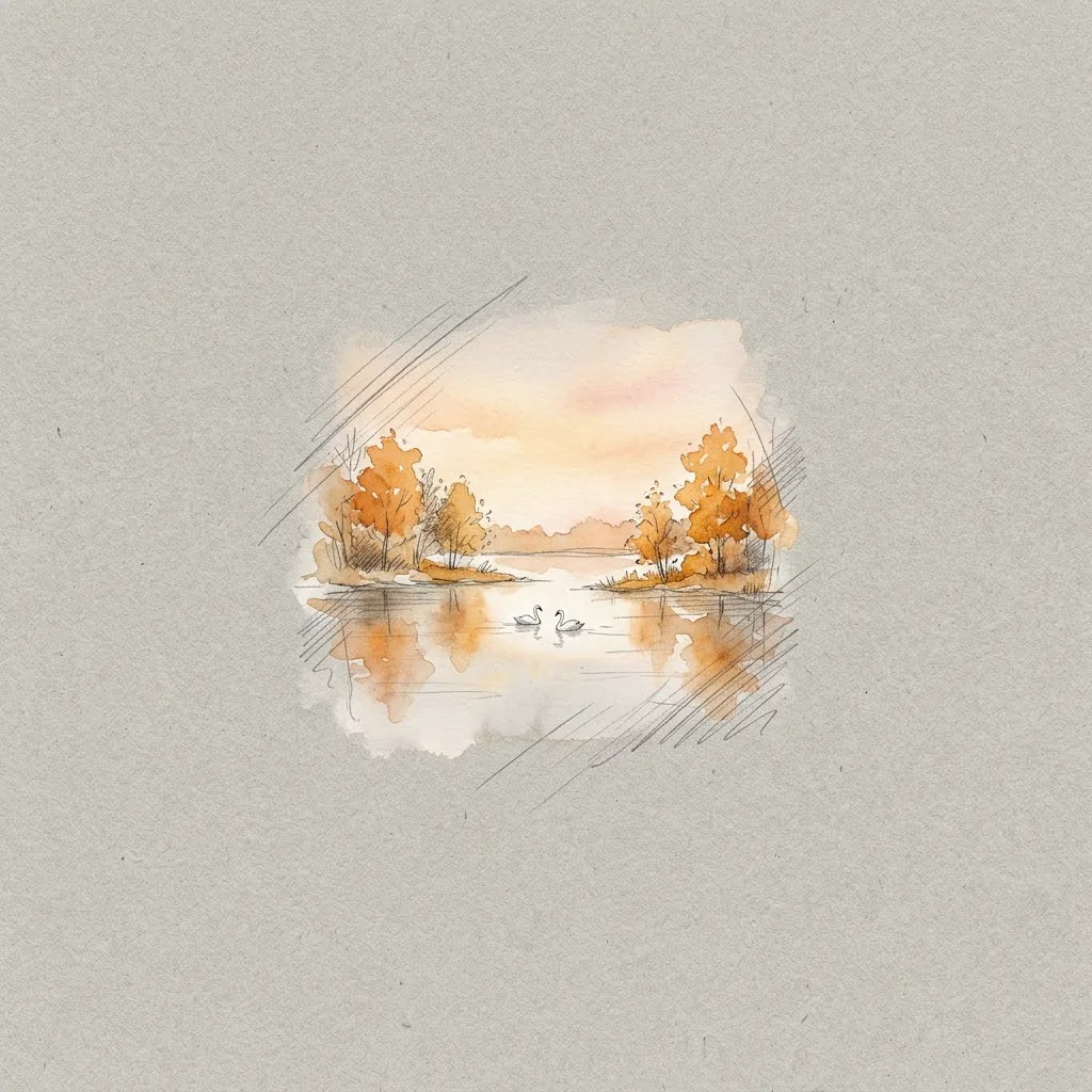 Small pencil and watercolor vignette of an autumn lake with orange trees and two swans on textured gray paper