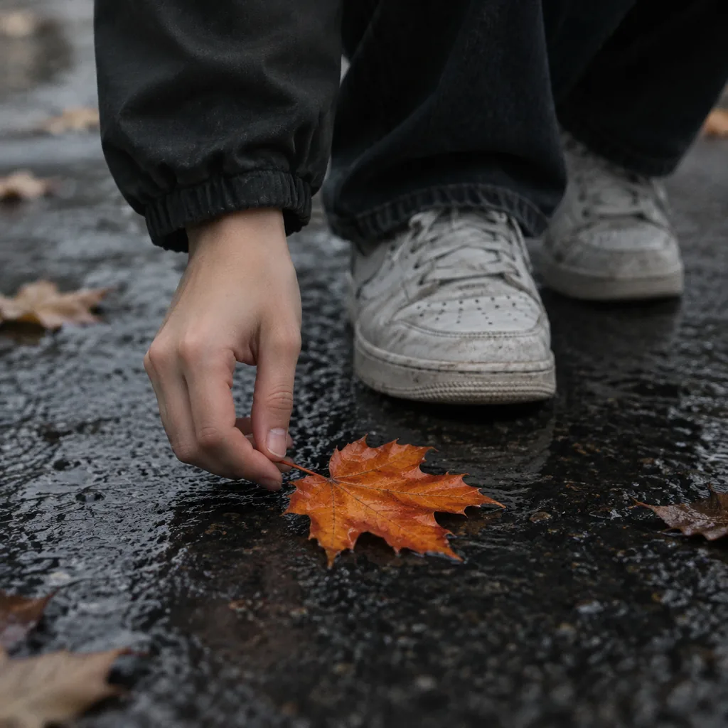 Close-up of a hand picking up an orange maple leaf from wet asphalt beside white sneakers