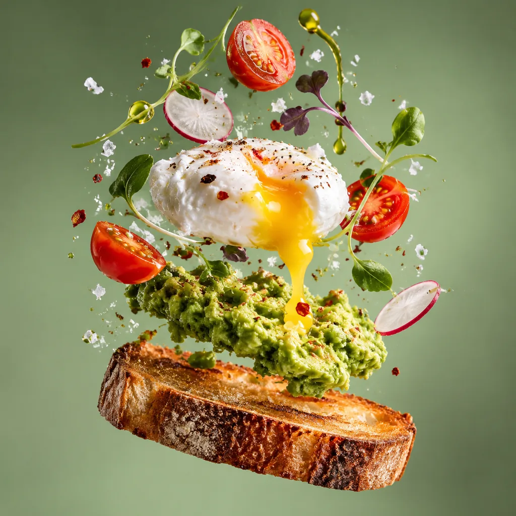 Avocado toast layers and poached egg separating mid-air