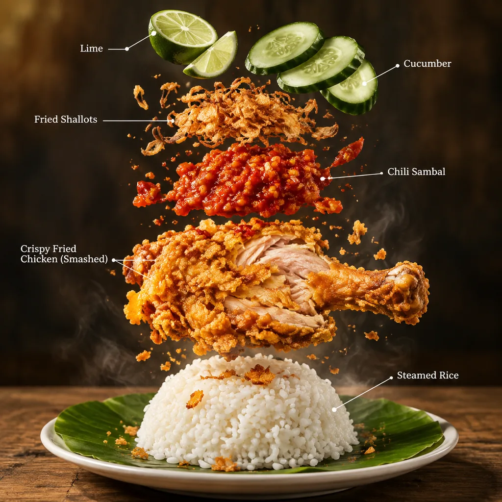 Exploded Ayam Geprek with floating sambal shallots and rice