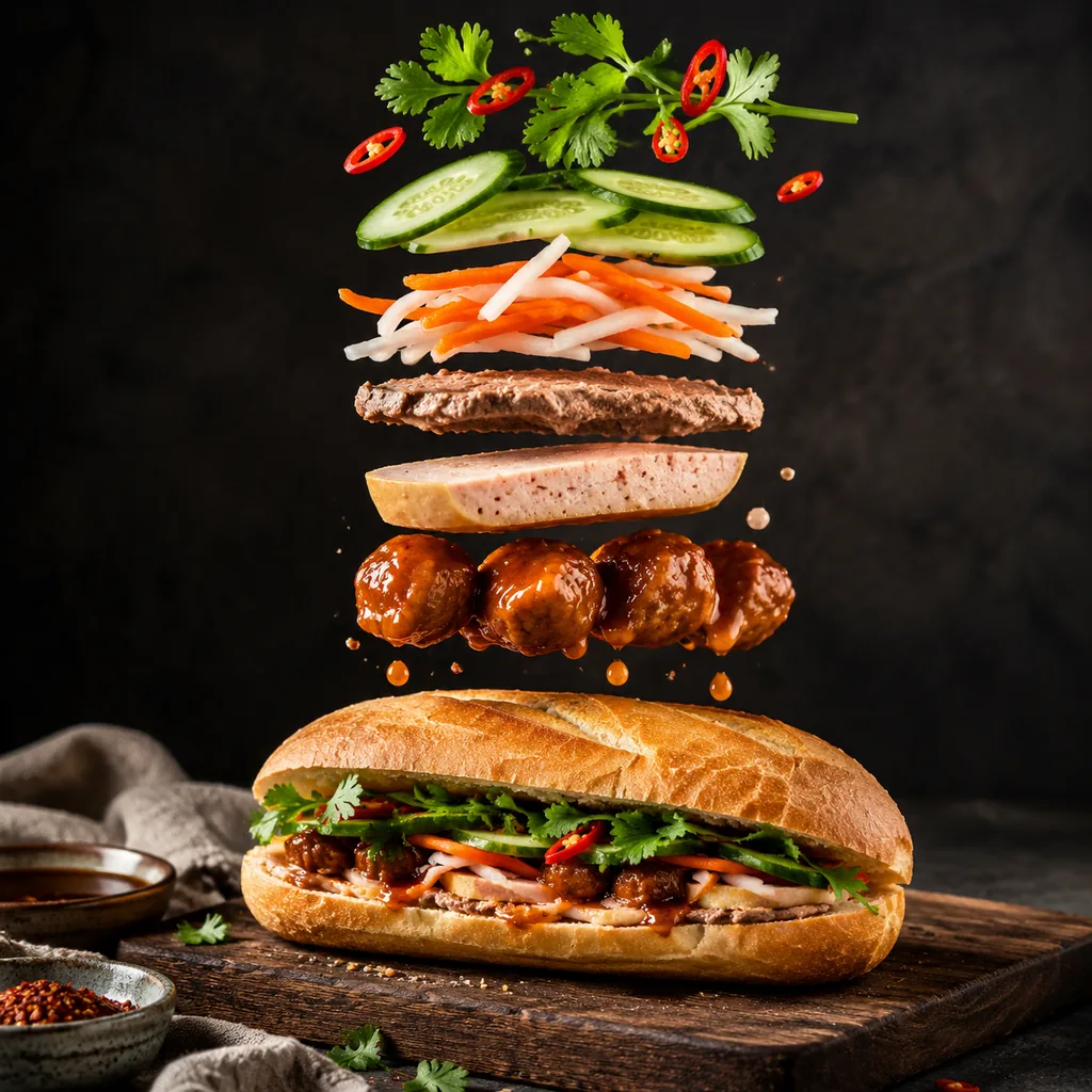 Bánh mì on a board with its fillings stacked in mid-air above