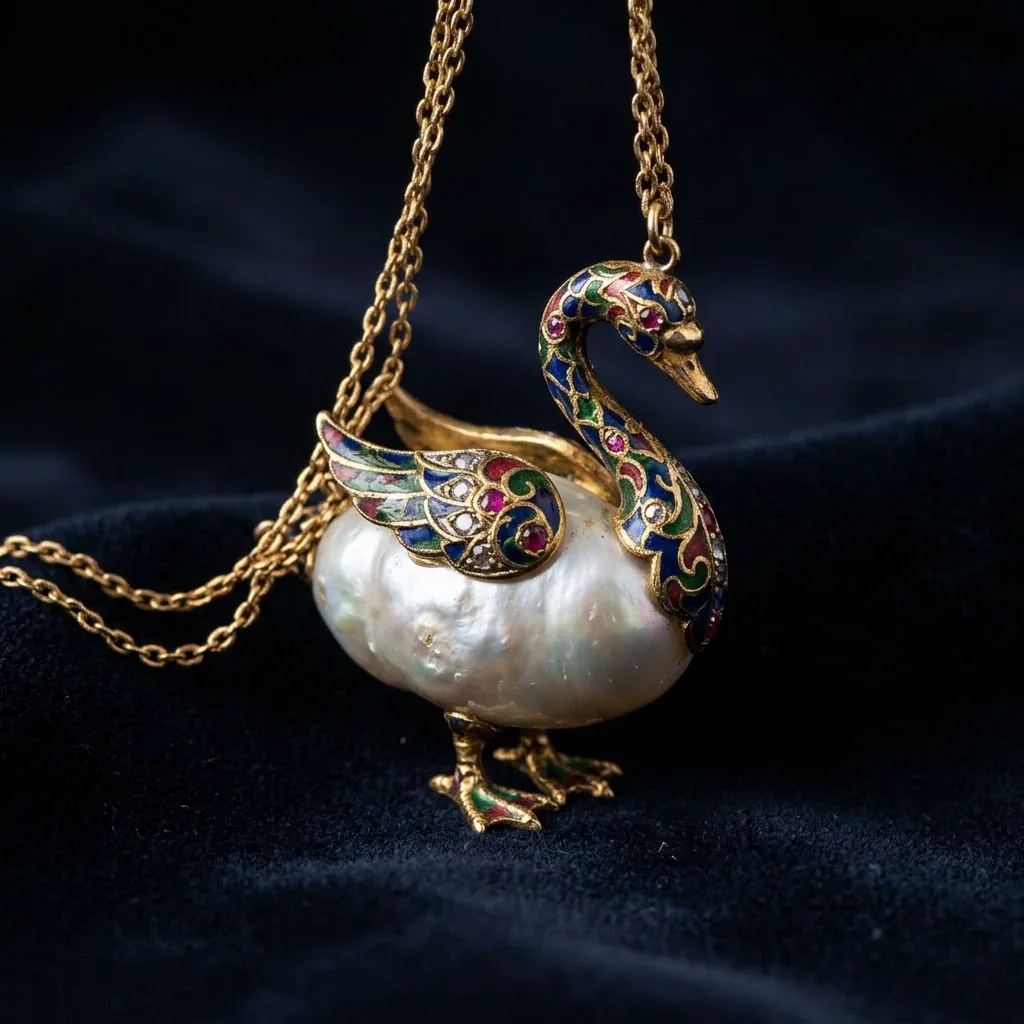 Renaissance-style swan pendant with a baroque pearl body and gold enamel wings on dark velvet