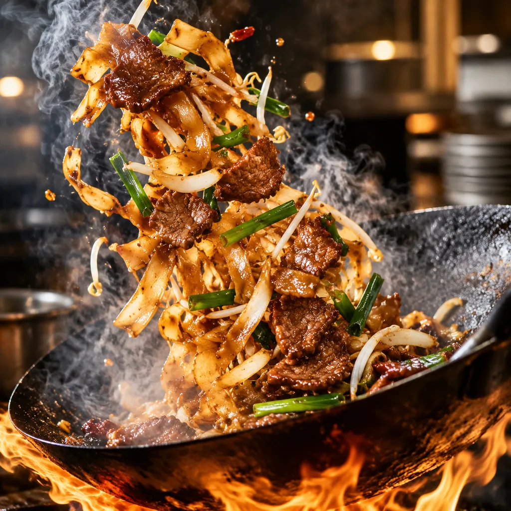Beef chow fun noodles tossed mid-air above a flaming wok