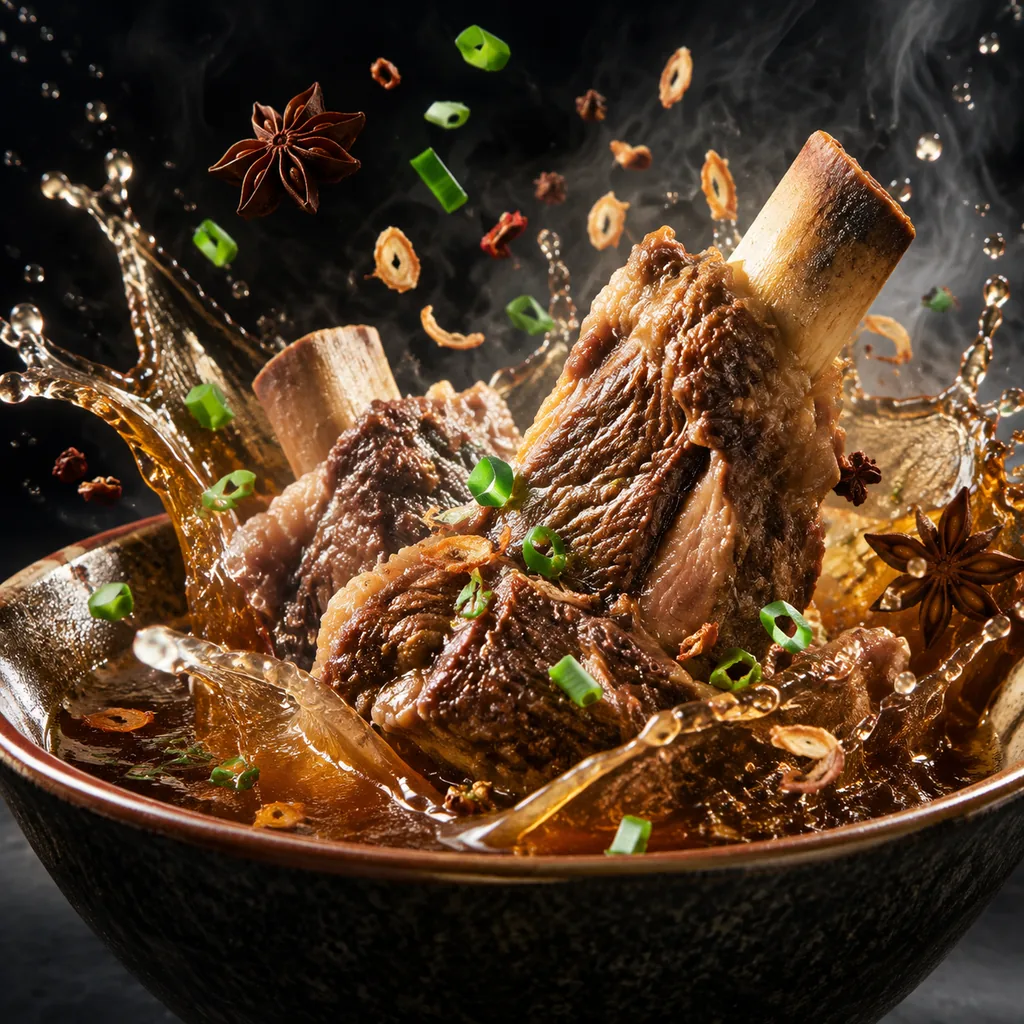 Beef ribs rising from a swirling soup splash with floating spices