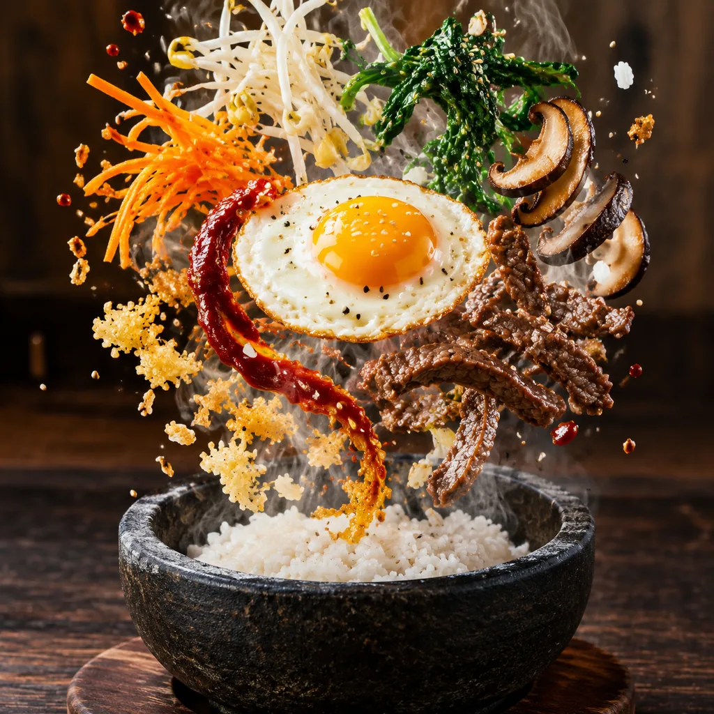 Bibimbap ingredients spiraling above a hot stone bowl