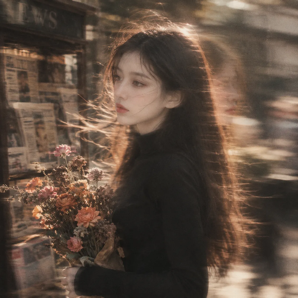 Woman with long black hair in a black high-neck dress holding orange-pink flowers beside an old newsstand, profile softened by panning motion blur and backlight