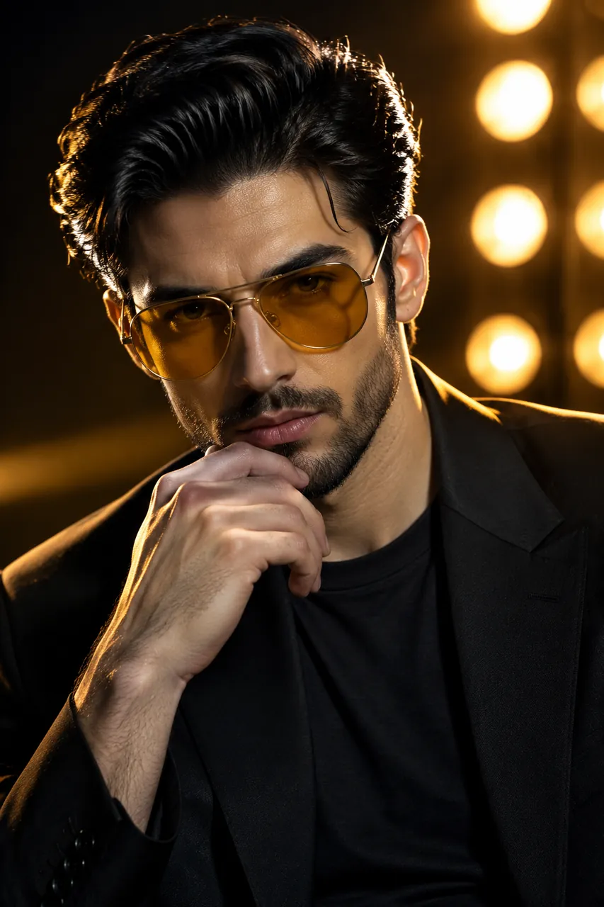 Bearded man with a slicked-back pompadour in a black blazer and amber-tinted gold aviators, hand under chin, warm vanity bulbs glowing behind in a dark studio