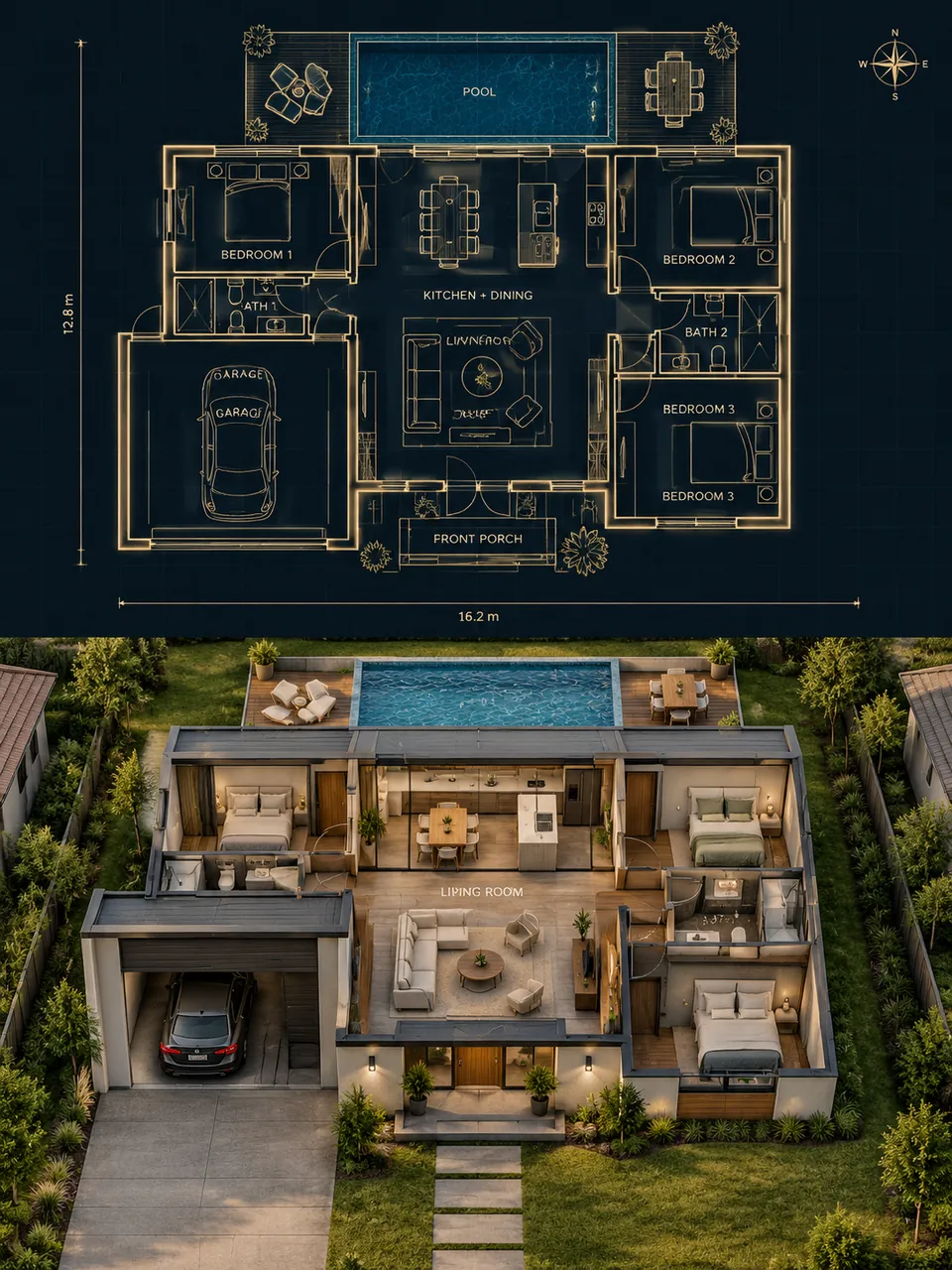 Split image: navy and gold glowing floor plan of a three-bedroom house with pool on top, and a photoreal aerial cutaway of the same modern house below