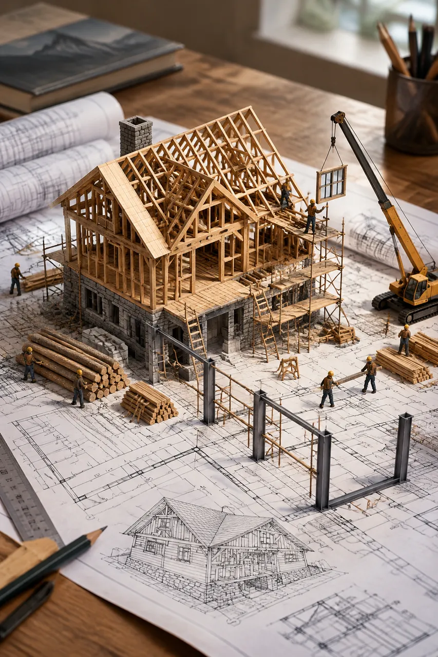 Miniature timber-frame cabin under construction rising from its blueprint on a drafting table, with tiny workers, stacked logs and a small crane