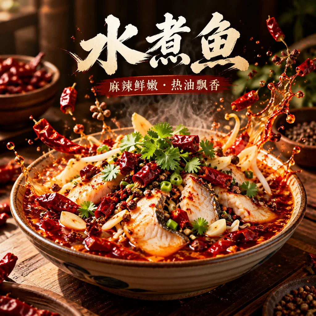 Boiled fish in chili oil with floating chilies and peppercorns