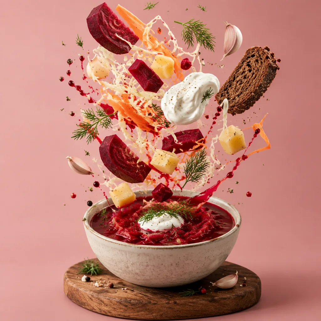 Borscht ingredients levitating over a ruby soup bowl on pink