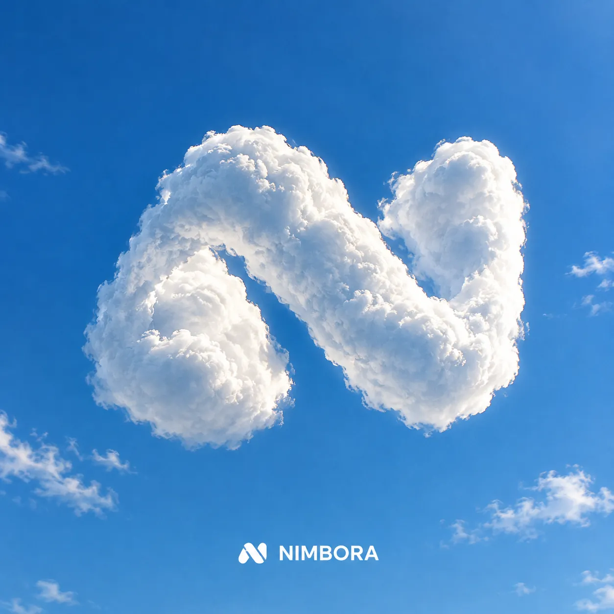 Giant fluffy cumulus cloud shaped like a stylised letter N in a bright blue sky, with a small white NIMBORA logo at the bottom