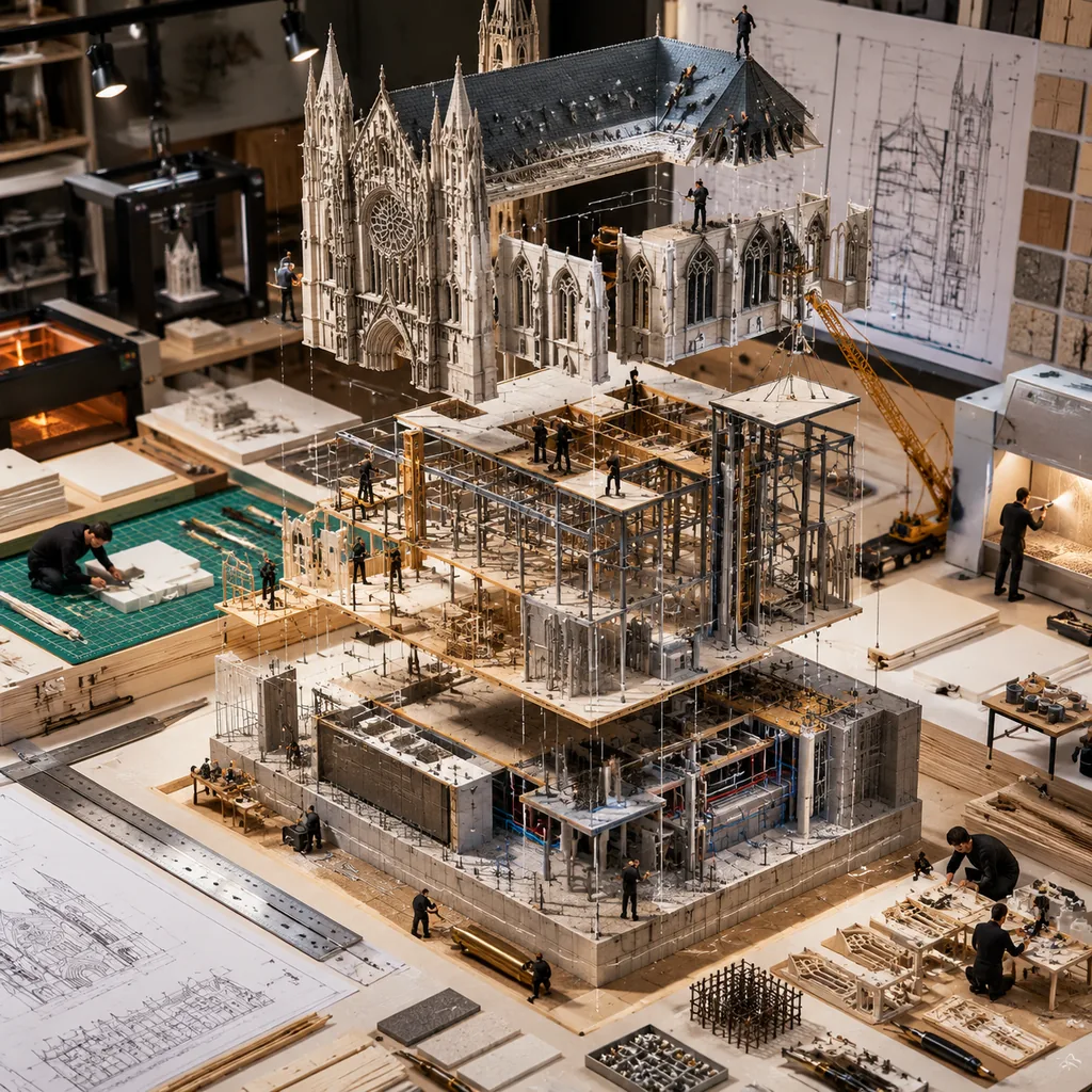 Isometric exploded-view model of a Gothic cathedral in layers on a drafting table with tiny model makers assembling it