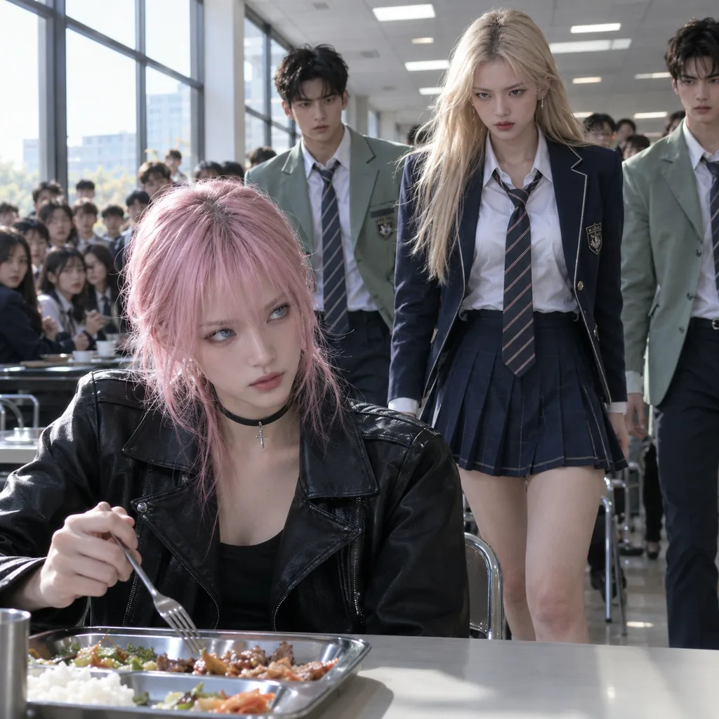 Pink-haired woman in a leather jacket looks up from her lunch tray as a blonde rival in a navy blazer and two young men walk up in a bright cafeteria