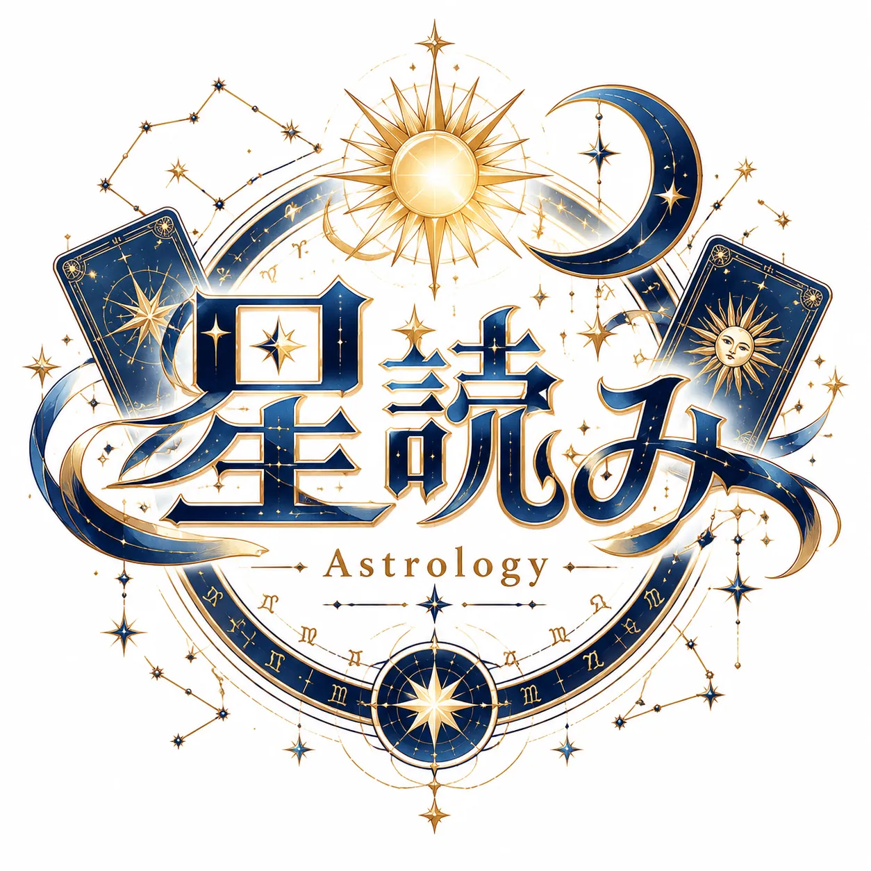 Ornate celestial logo reading 星読み with the subtitle Astrology in navy and gold, framed by a zodiac ring, tarot cards, a radiant sun and a crescent moon