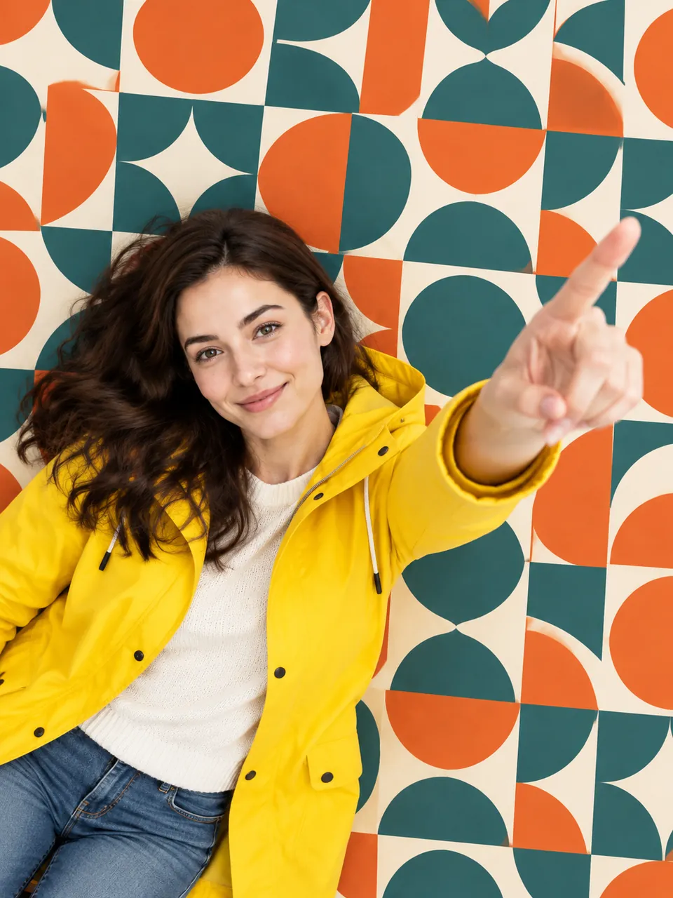 Overhead shot of a smiling woman in a yellow raincoat lying on a retro orange and teal geometric pattern, pointing toward the top-right corner