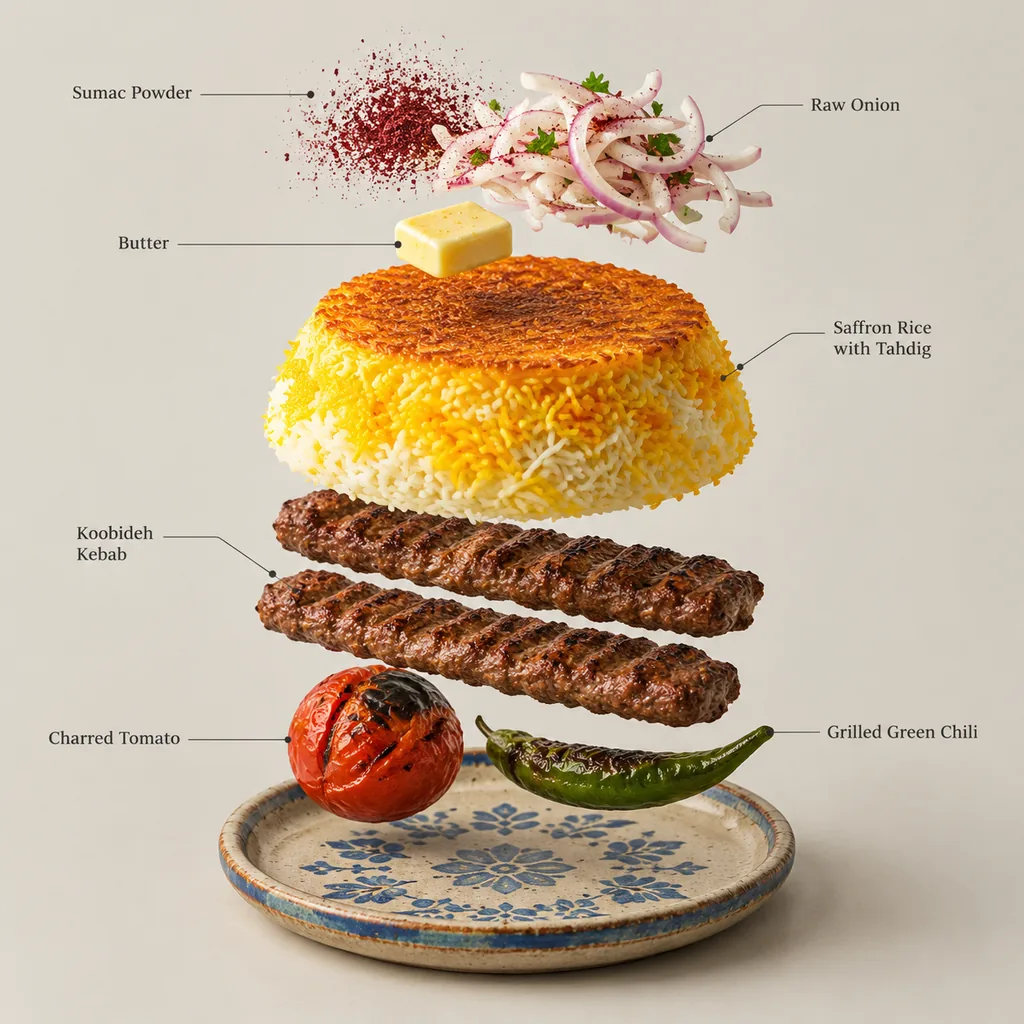 Isometric exploded chelo kebab layers with technical callouts