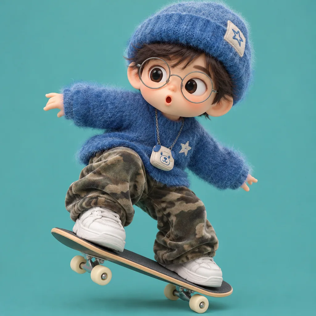 Chibi blind-box style 3D boy skateboarding in oversized fuzzy streetwear on a clean studio background