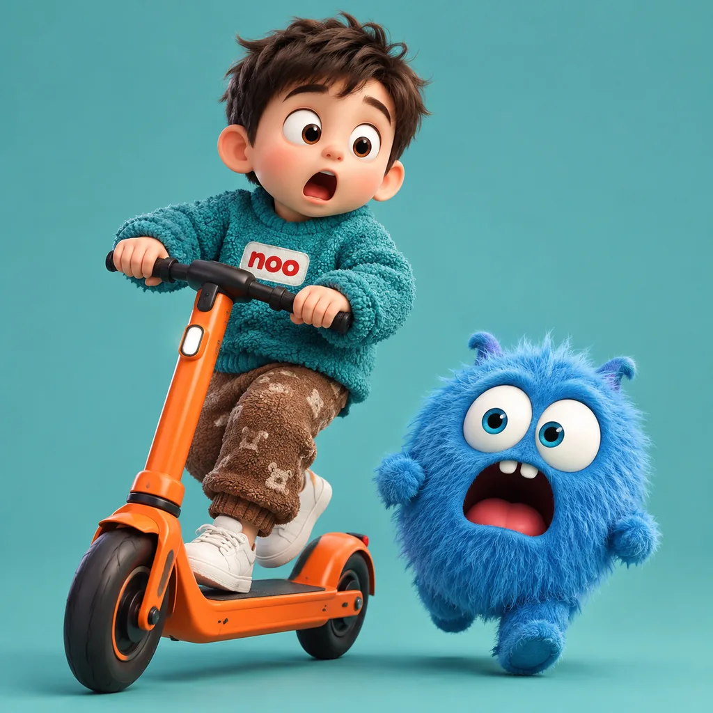 3D render of a shocked chibi boy on an orange scooter beside a round furry blue monster on a teal background