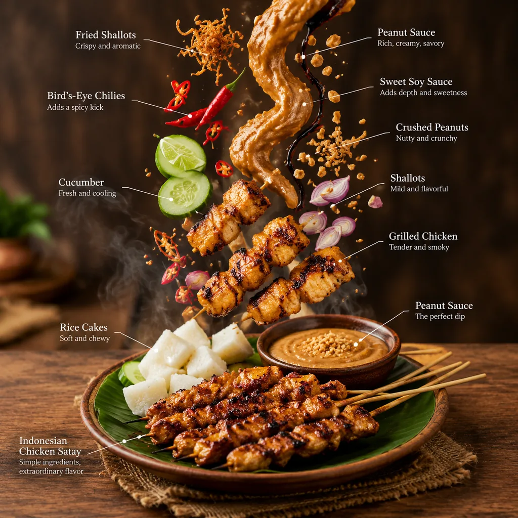 Chicken satay with floating peanut sauce and labeled garnishes