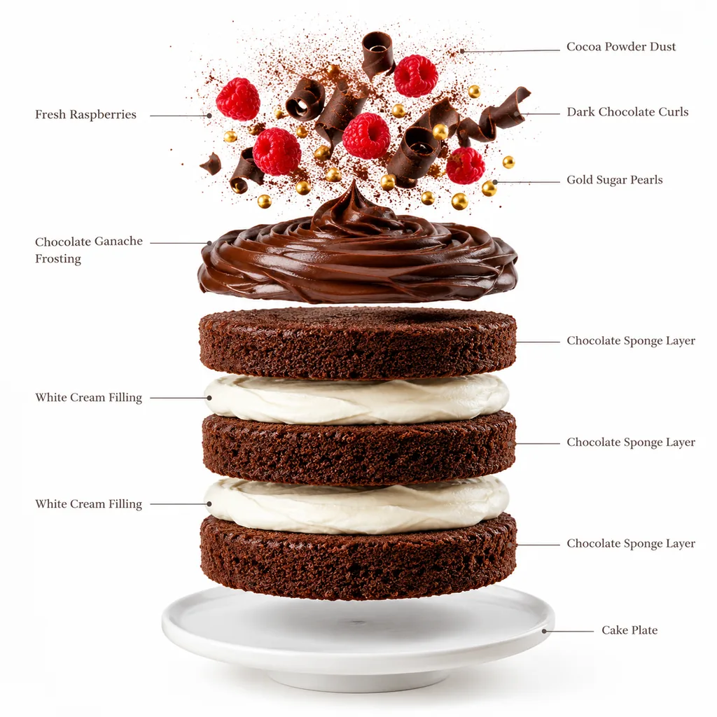 Exploded chocolate layer cake with ganache sponge and berries