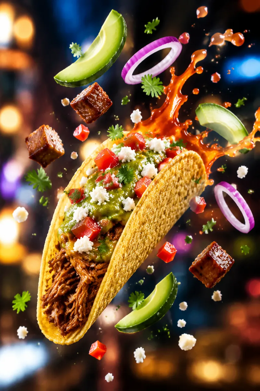 Hard-shell taco with shredded meat, green sauce and cheese floating diagonally with avocado slices, purple onion rings and a sauce splash on neon bokeh