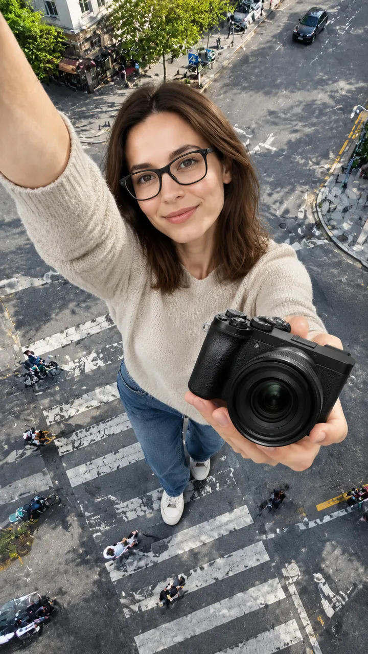 Top-down selfie of a woman with glasses at a city crosswalk, one arm raised and the other holding a black mirrorless camera toward the lens