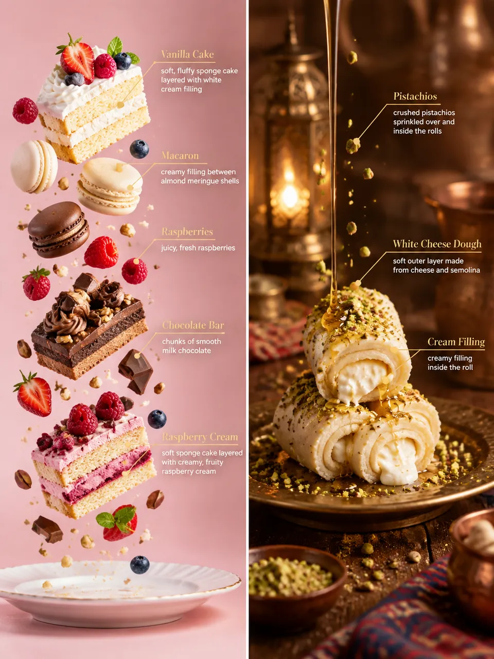 Two dessert panels: floating cake slices, macarons and berries on pink with gold labels, and rolled pastries with pistachio in a candlelit setting