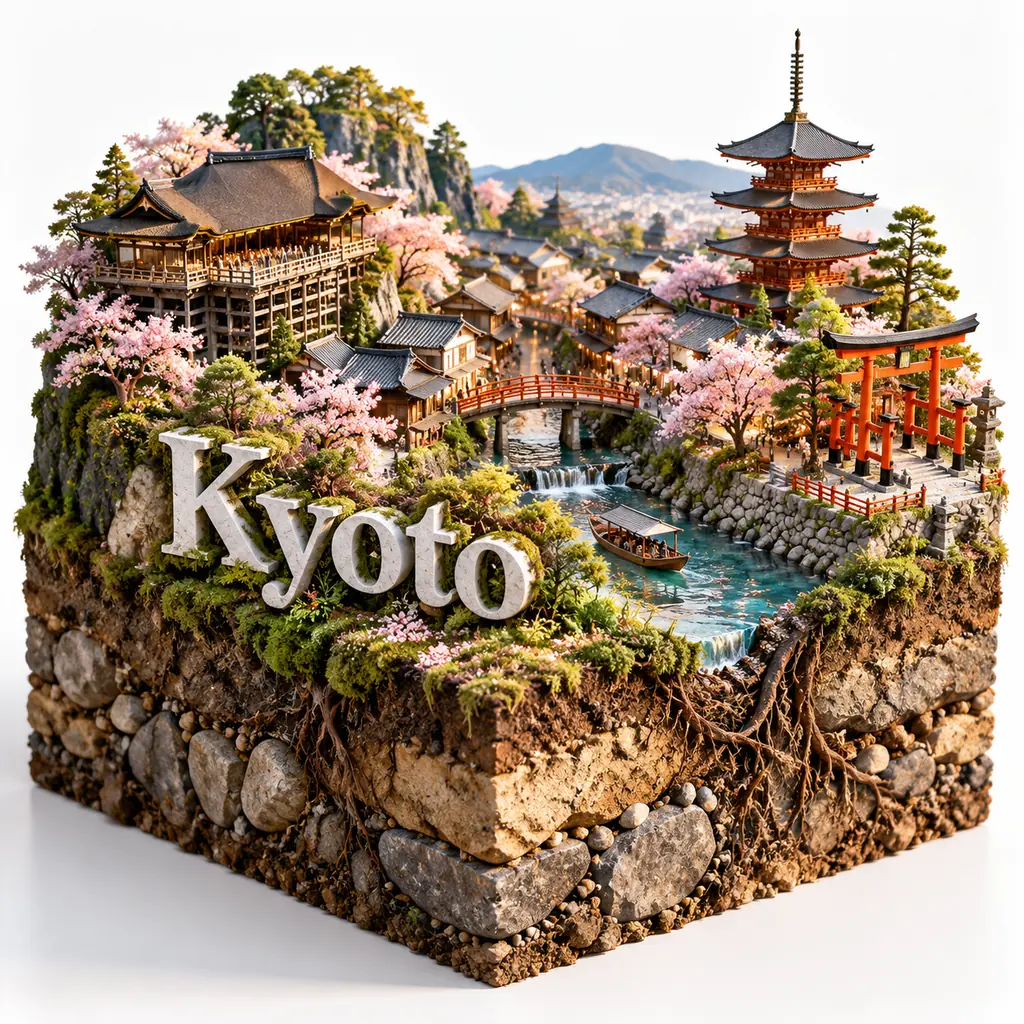 Square 3D diorama of Kyoto with temples and pagodas on top and exposed soil, rock and root layers beneath