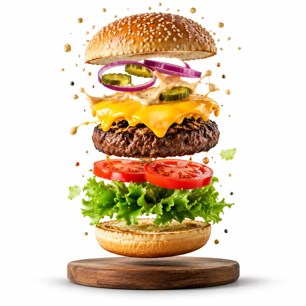 No-text exploded classic cheeseburger layers on white