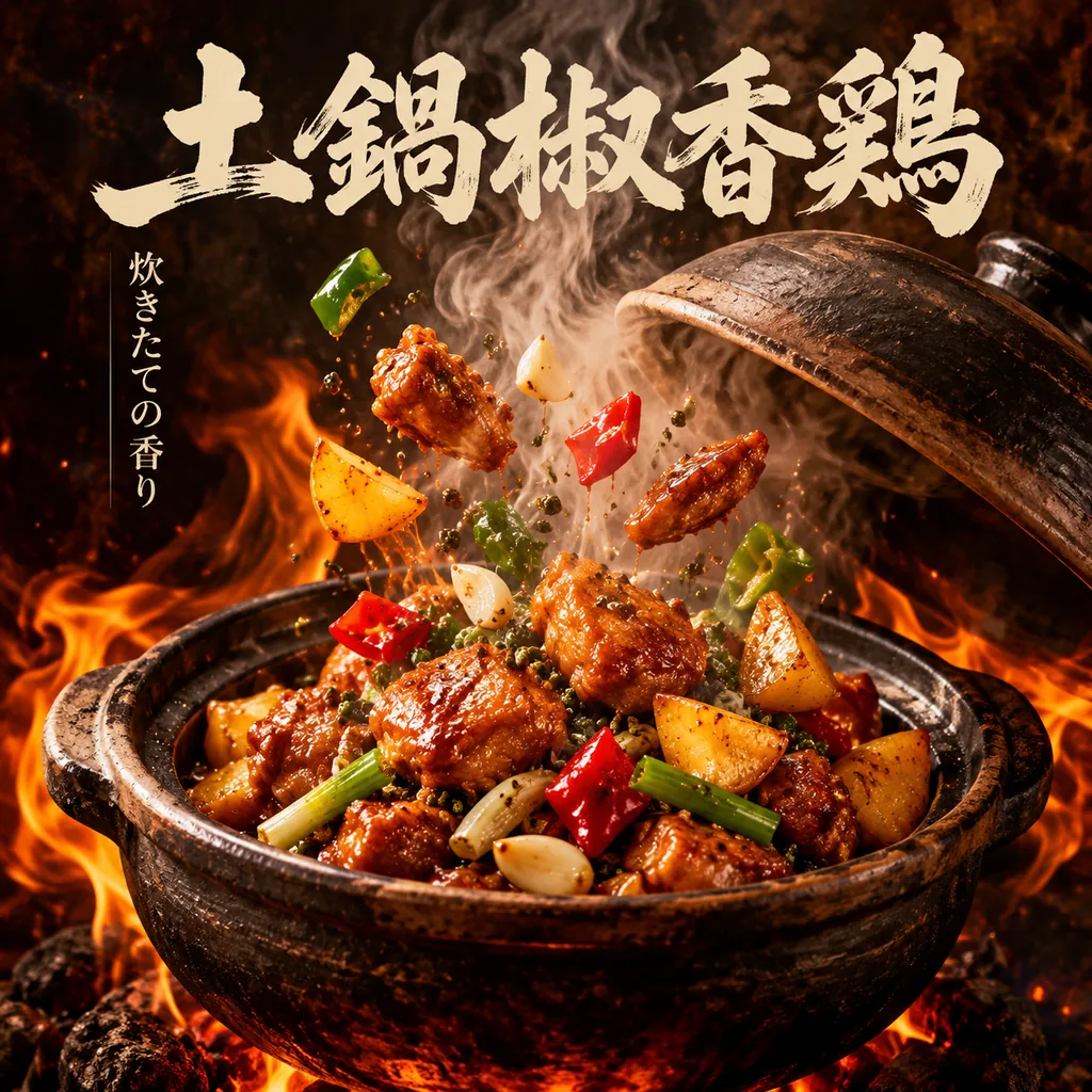 Clay pot lid lifting with steam column and flying chicken pieces