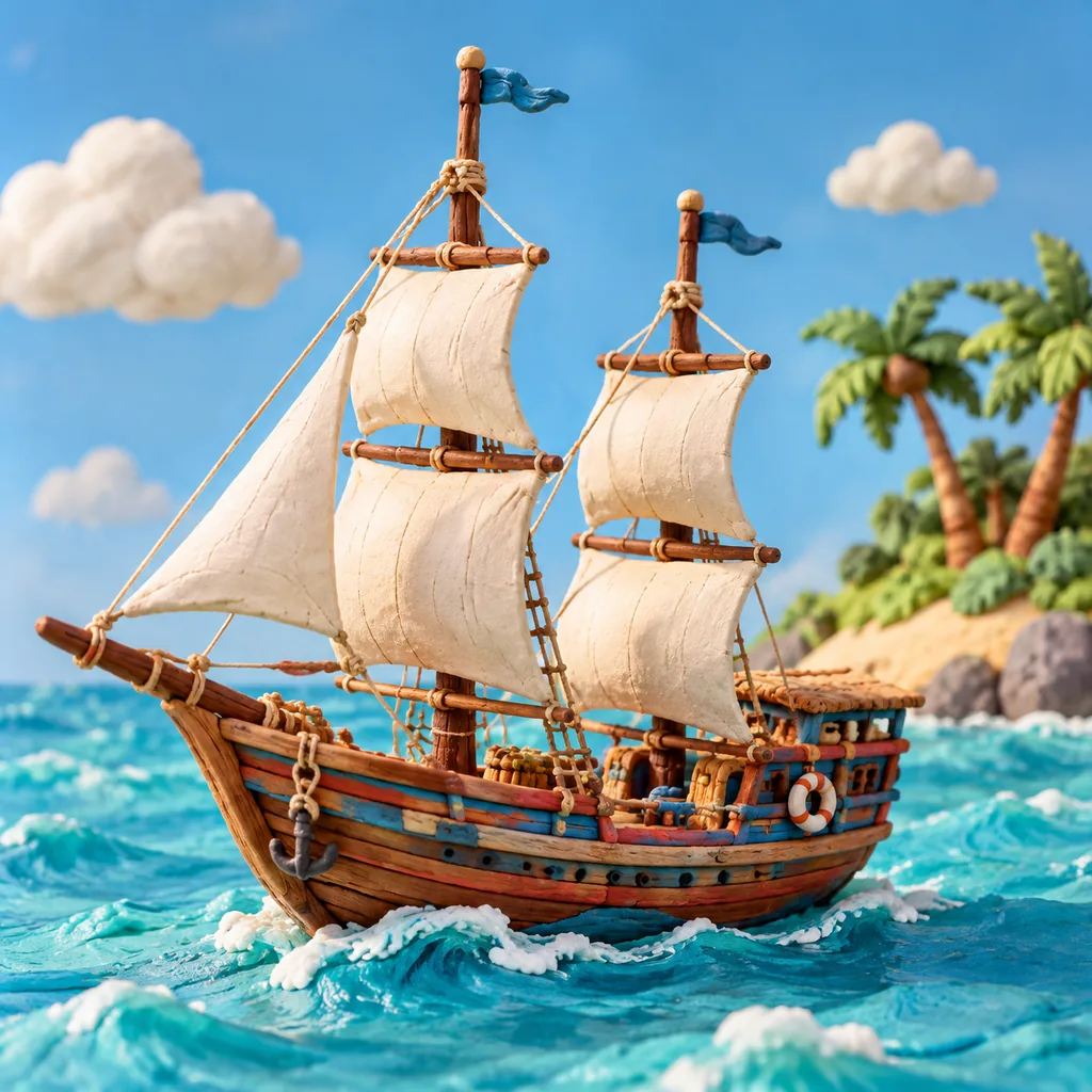 Claymation miniature Phinisi sailing ship with cream sails on a turquoise clay ocean near a tiny palm island