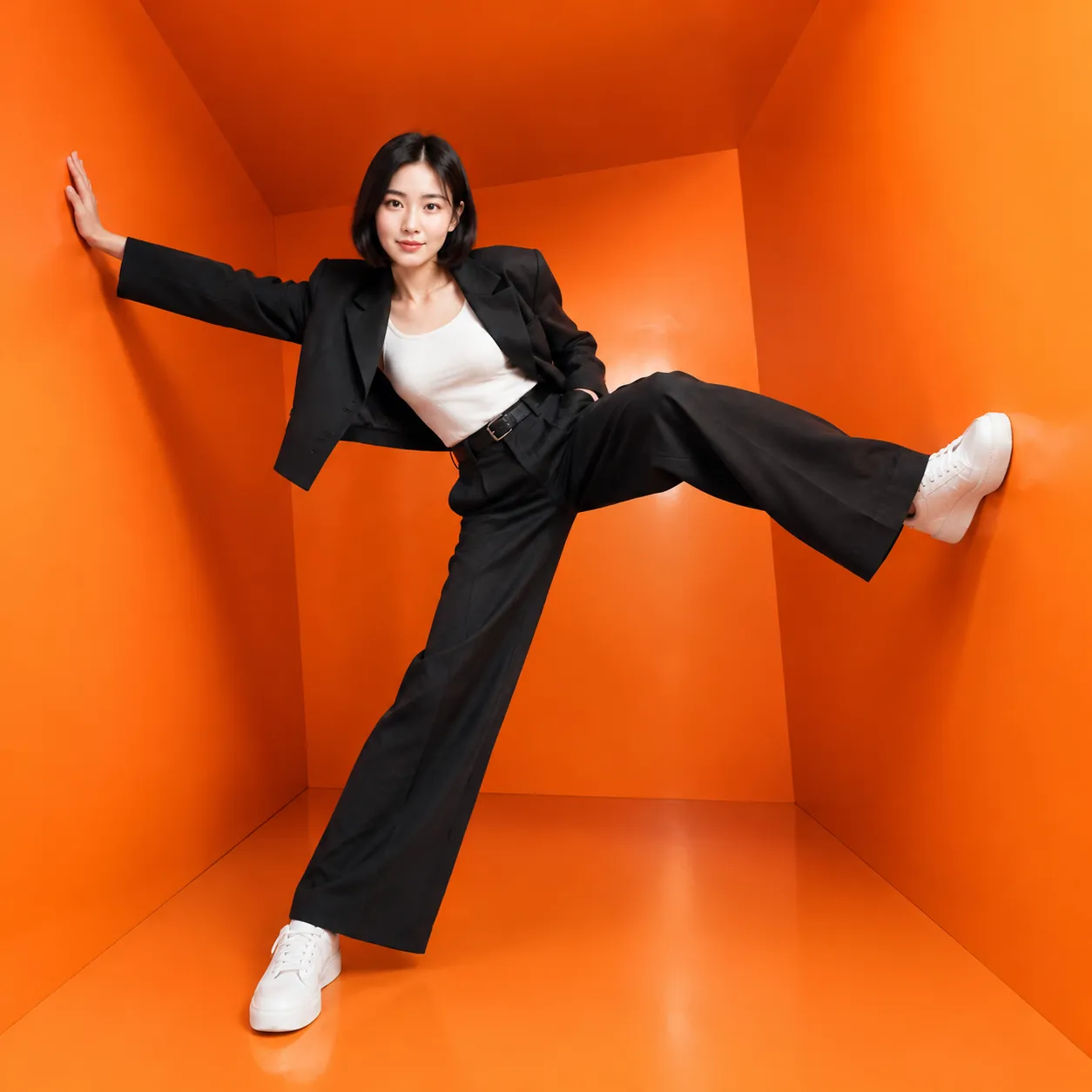 黑色波波头女性穿黑西装和白球鞋，在亮橙色盒子房间里撑墙做出动感踢腿姿势