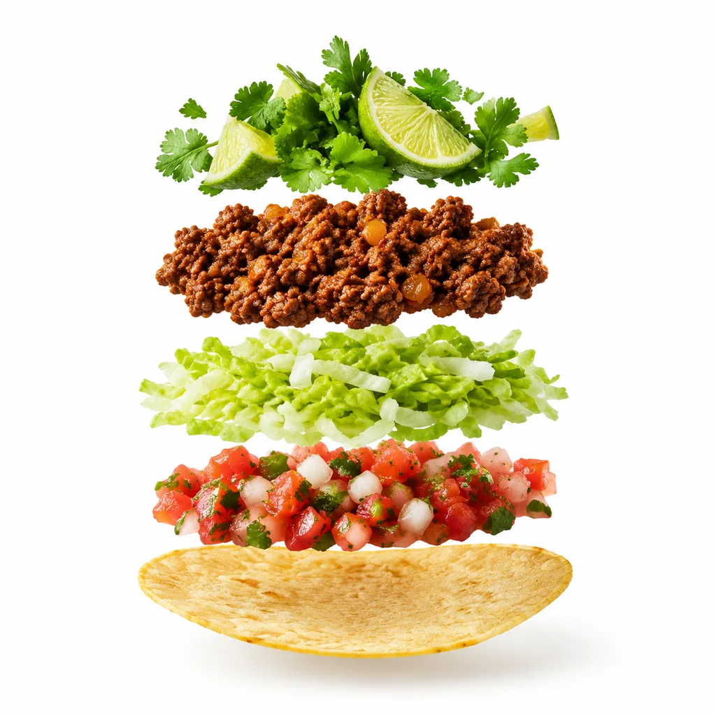 Five-layer commercial taco exploded video keyframe on white