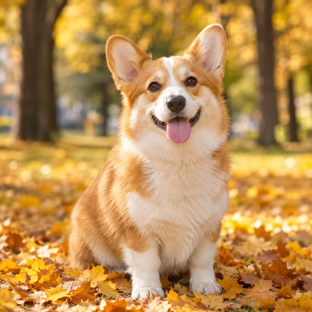 Happy corgi sitting in an autumn park with golden leaves