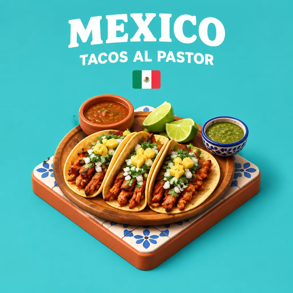 Isometric 3D scene of three Mexican tacos al pastor with salsas and lime on a patterned tile under a MEXICO title