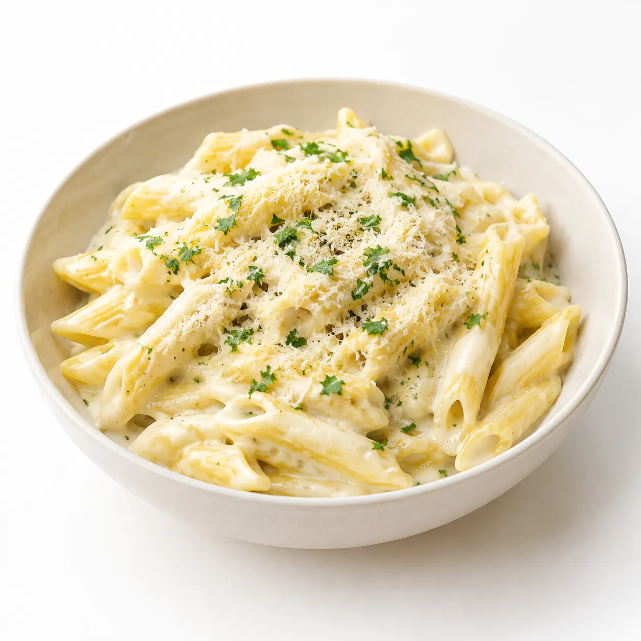 White ceramic bowl of creamy penne pasta topped with grated parmesan and chopped parsley on a clean white background