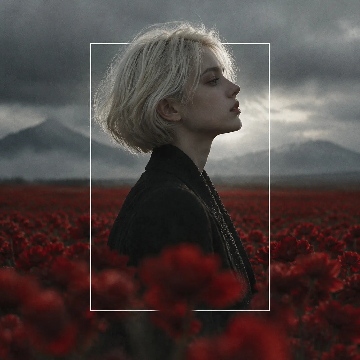 Profile of a woman with a short platinum bob in a field of crimson flowers under a grey sky, her head breaking a thin white rectangular frame, misty mountains behind
