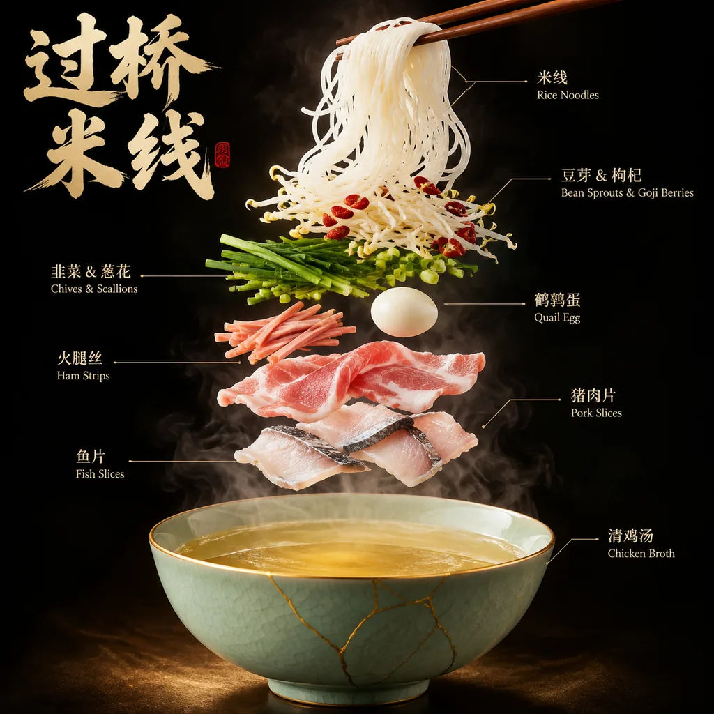 Crossing-the-bridge noodles with floating raw slices above a kintsugi bowl