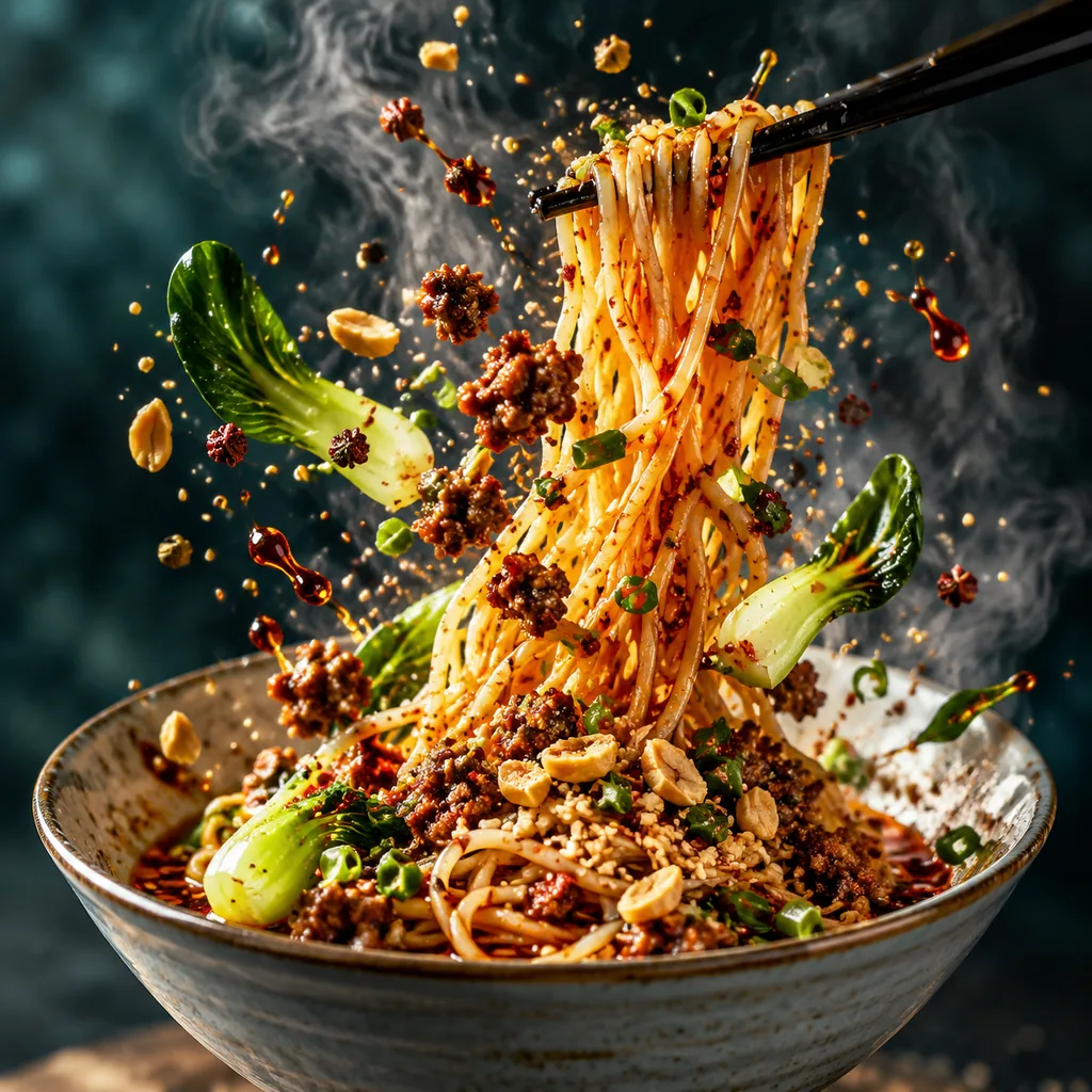 Dan dan noodles twisting up with peanuts and chili oil mid-air