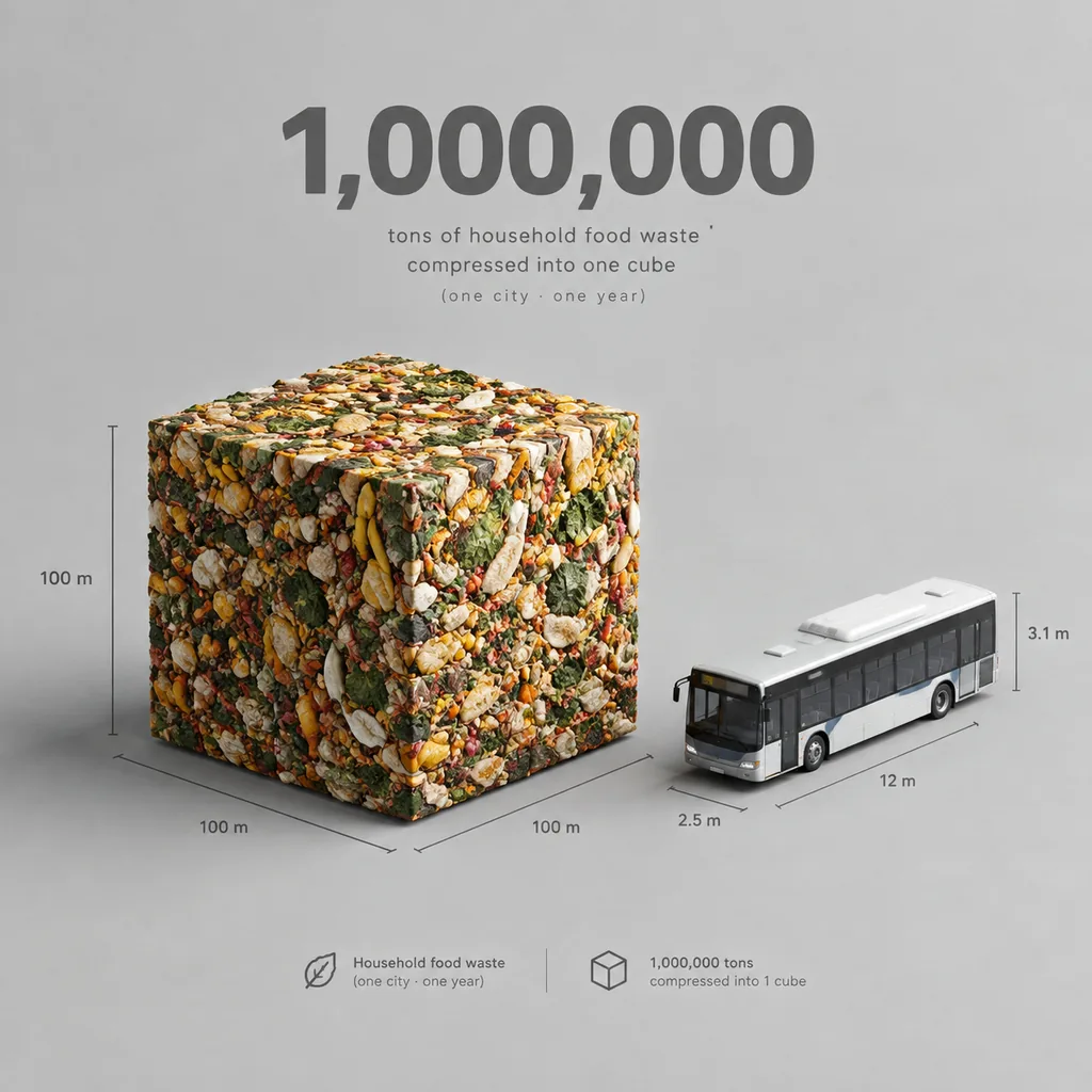 Minimalist isometric 3D cube built from compressed food scraps with a large number caption and a city bus for scale