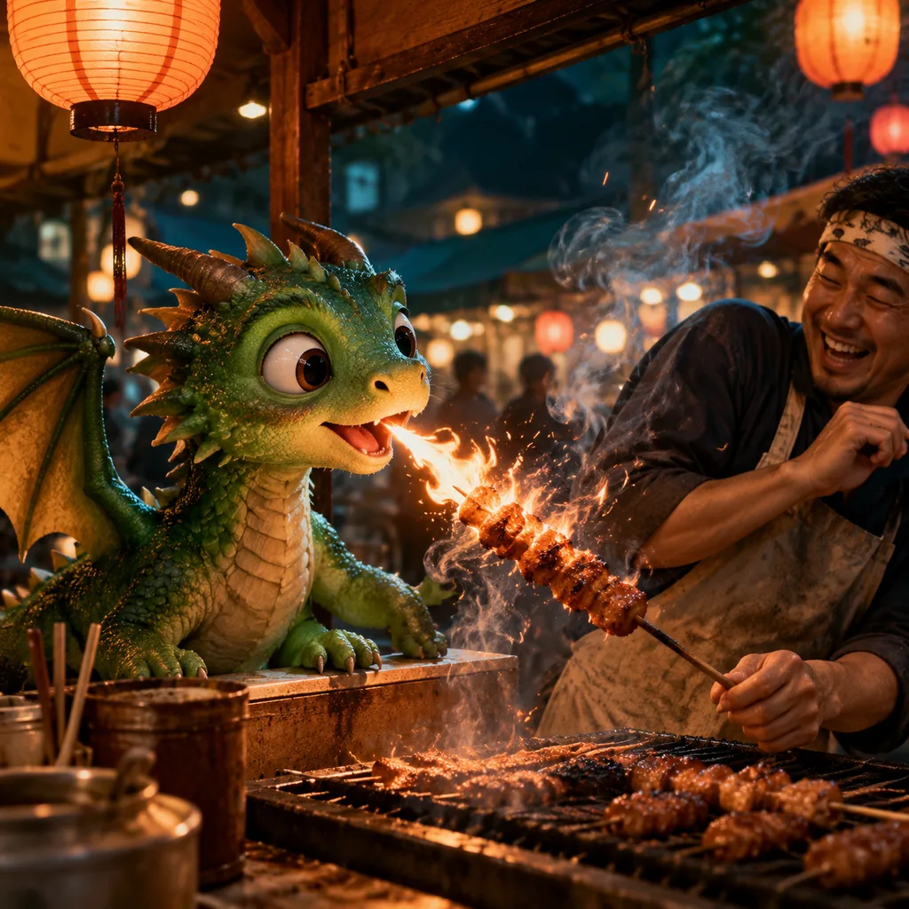 Small dragon scorching grilled skewers at a night-market stall, sparks and lantern light