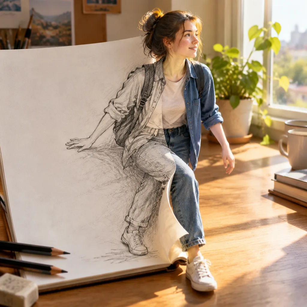 Pencil figure halfway stepping out of a sketchbook into a real sunlit desk