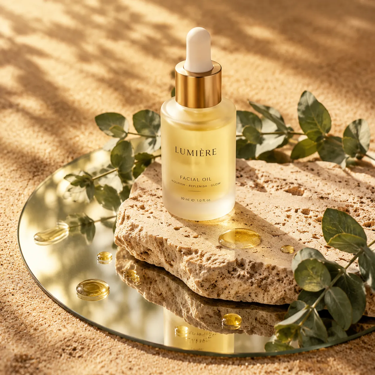Frosted glass dropper bottle of facial oil with a gold cap on a travertine slab over a round mirror, eucalyptus sprigs, oil droplets and leaf shadows
